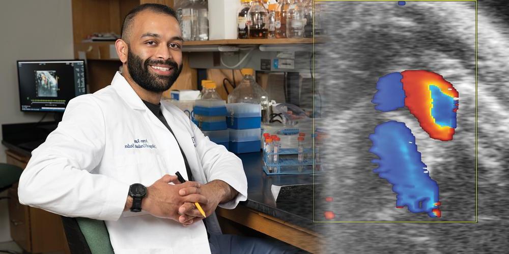 Arnav Rana, an MD/PhD student, in the lab (photo by Susan Kahn), and at left, a pulse wave doppler of a mouse heart (see last paragraph below for details).